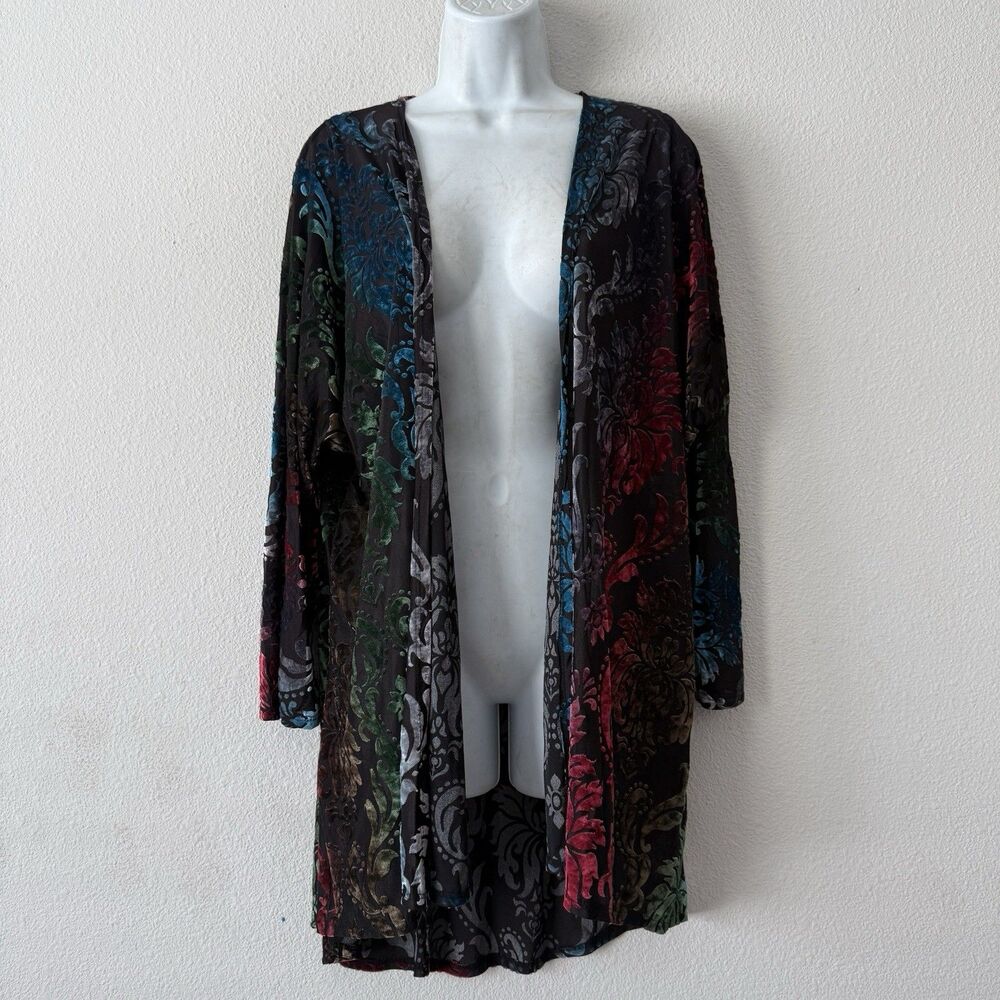 VTG Velvet Burnout Kimono Duster Jacket Open Front Boho Floral Goth Whimsigoth